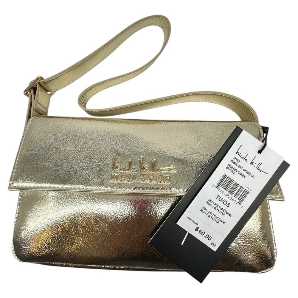 Nicole Miller Gold Vegan Leather Handbag Shoulder Bag New With Tags